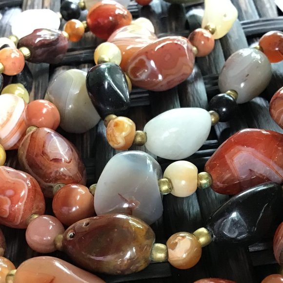 Vintage Polished Gemstone Beaded Necklace 34" Long Weighty Earth Tones - Picture 7 of 16